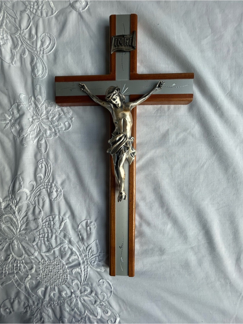 Wall Crucifix with Silver Corpus on Brown and Silver Cross - Unbranded
